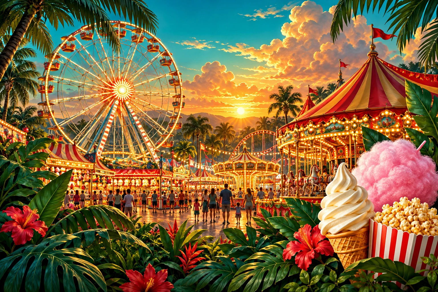 Colorful carnival illustration with glowing Ferris wheel, striped tents, tropical leaves, ice cream, cotton candy and popcorn